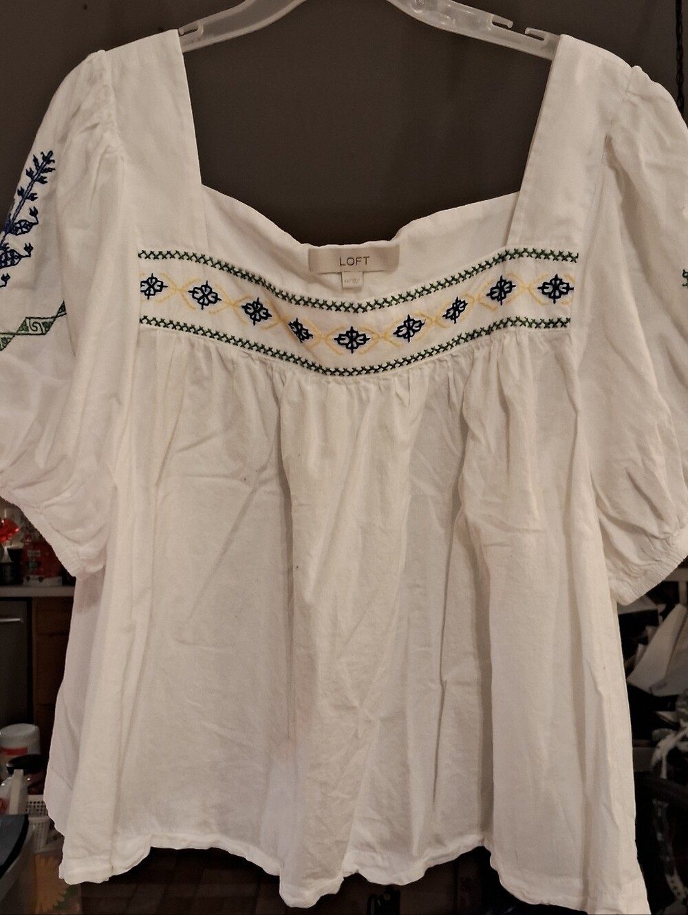 LOFT White Square-Neck Peasant Blouse with Blue & Green Embroidery